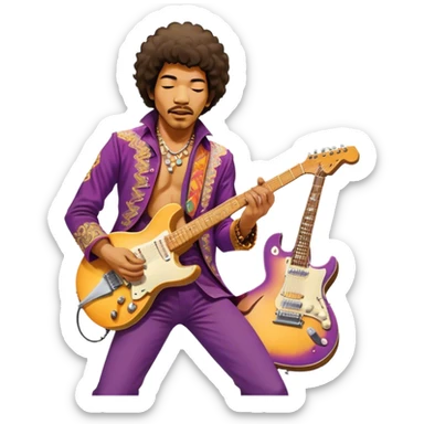 Icon for Rock Music: Jimi Hendrix playing his iconic guitar on stage, surrounded by his band. The design should capture the electrifying energy of his performance with vibrant lighting, swirling colors, and musical intensity. Transparent background. sticker