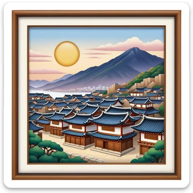 Cinematic Realistic Bukchon Hanok Village Landmark Emoji, depicted with traditional Korean houses set against a scenic backdrop rendered with detailed textures and warm, inviting lighting. sticker