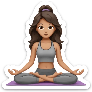 a brunette girl doing yoga, she is wearing a grey fit and she has dark wavy and loose hair.  sticker