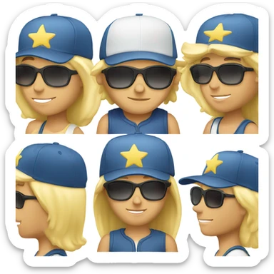 A Caucasian blonde male wearing a baseball cap wearing star sunglasses sticker