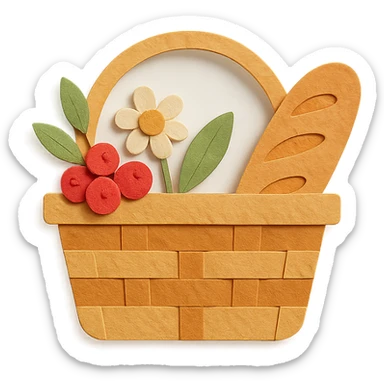 a picnic basket with berries, bread, and flowers, warm pastel shades, paper craft style sticker