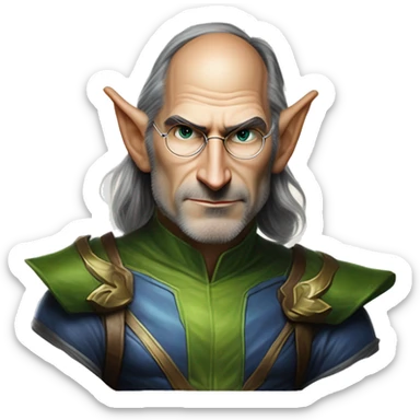 Warcraft elf award winning Steve Jobs in Marvel Avengers style, oil paint, mysterious eyes, intricate lips, masterpiece pose, odd perspective, beautiful, desirable, logical sticker