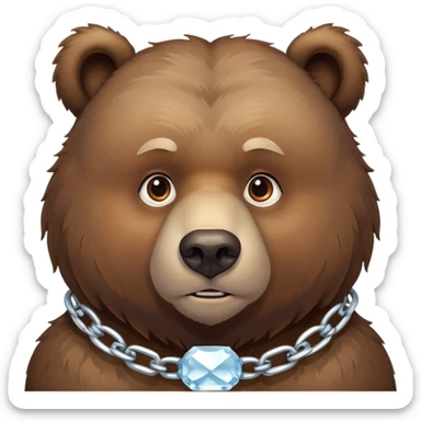 Serious-looking natural brown bear on four paws with stern face, simple ice chain around neck, realistic features sticker