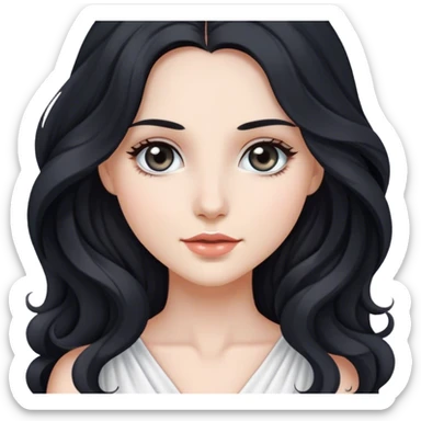 beautiful and pretty woman with long, wavy black hair, gray eyes, and wearing a white dress. sticker