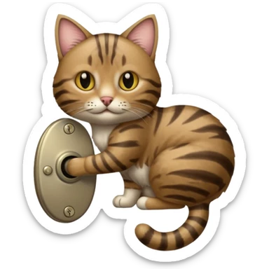 A "bobtailed" striped cat turning a doorknob sticker