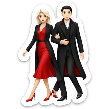 Ultra detailed realistic tango couple icon, black background, dramatic lighting, long black coat on man, white shirt and white shoes, red dress and white heels on woman, centered, minimal background, high contrast, 4K resolution, profile picture ready, sharp clean edges sticker