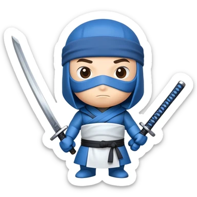 A cartoon to-go coffee cup with a blue ninja headband around the lid and holding a katana sword sticker