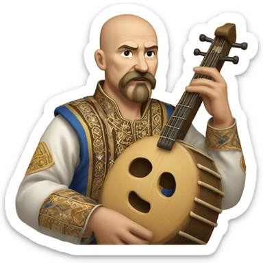a Cossack warrior playing an ancient stringed instrument. The Cossack has a shaved head and a long strand of hair on one side. He has a thick, curved mustache and wears a gold earring in his left ear. He is wearing a simple Ukrainian embroidered shirt sticker