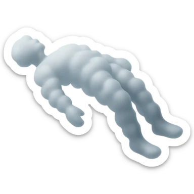side view of unconscious person flying with torso upwards, legs and arms downwards, made of small very bright white fluffy convex clouds, matte glass style sticker