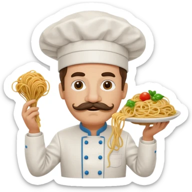 cartoon brain with a mustache and chef hat, holding spaghetti, surrounded by musical notes and the words 'larili larila', playful Italian theme sticker