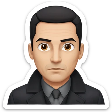 Athletic Hispanic man in his 40s-50s with light brown skin, short straight black hair slicked back with fade on sides, square face with strong jawline, thick eyebrows, wide nose, wearing black overcoat with gray buttoned shirt underneath sticker
