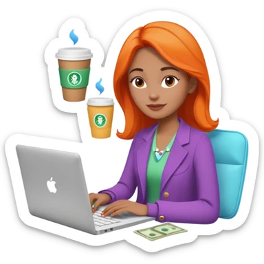 3D clay woman character relaxed with laptop and coffee in Paris, floating icons (dollars), colofrful modern outfit, white laptop, Pixar style, transparent background sticker