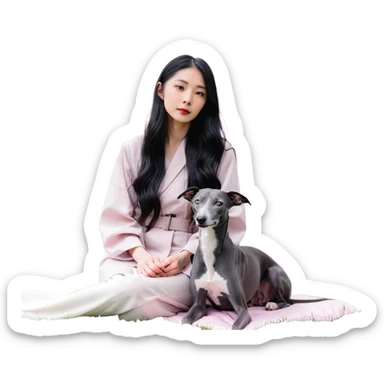 A very beautiful and attractive 25-year-old Chinese woman with long flowing black hair and a pure solid dark grey Italian Greyhound with ABSOLUTELY NO white markings anywhere on its body sitting under a cherry blossom tree. The dog must be completely solid dark grey with no white on chest, no white on muzzle, no white on paws - entirely one solid dark grey color. sticker