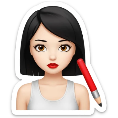 A pretty girl with black straight bob hair. She has hazel eyes with black eyeliner. She has plump red lips. She is wearing a white tank top sticker