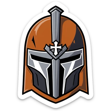 Battle-worn crusader helmet with light rust and historical details sticker