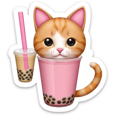 cat drinking bubble tea, apple style emoji, pink background sticker