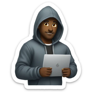 A hacker with a laptop and a dashing hoodie sticker