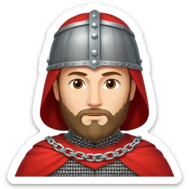 Russian prince Alexander Nevsky in chain mail and with red mantle and with Rus helmet and beard sticker