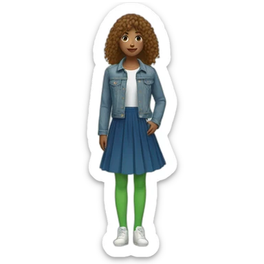 Girl with bangs and tail, in blue denim jacket, white T-shirt, green tights and elongated blue chiffon skirt sticker