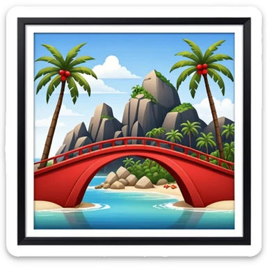  island with contemporary architecture, beaches with palm trees, and a red bridge on one side sticker