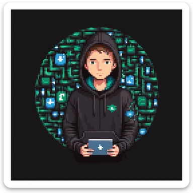 pixel art of a programmer in a dark hoodie, surrounded by floating code symbols sticker