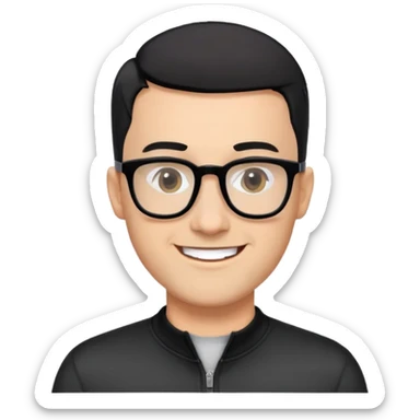 Light-skinned man with black hair in very short almost-buzz cut (minimal length but visible), short graying beard, big black glasses frames, happy smile, black long sleeve shirt with zip at neck sticker