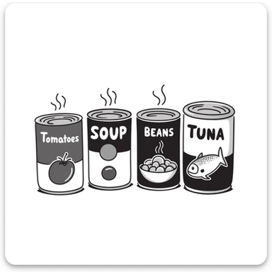 Four hand-drawn canned food items, showing different types of canned goods sticker