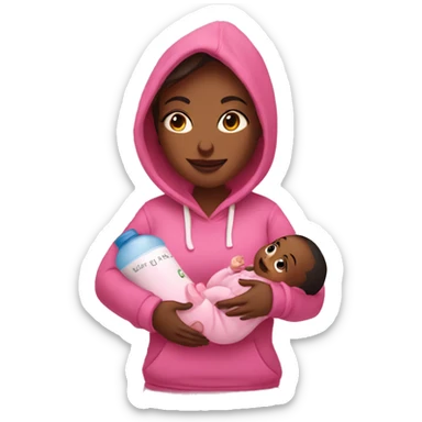 A woman holds a baby in her arms, in her other hand a bottle with a mixture in a pink hoodie with the inscription “ANA” sticker