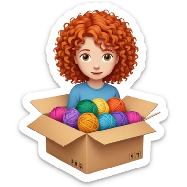 A curly-haired redhead girl gets out of a cardboard box. There are multicolored balls of yarn all around sticker