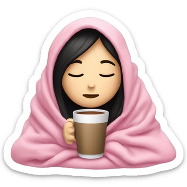 white girl with black straight hair inside a pink blanket sipping coffee eyes closed sticker