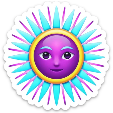 Futuristic glowing sun emoji, neon rays, bright holographic purple and cyan glow, dark background, digital tech style sticker
