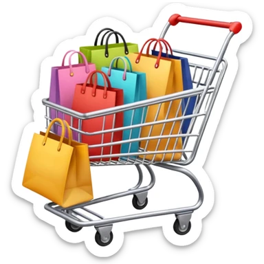 Carrinho de mercado cheio de compras femininas, com diversas maquiagens, roupas  sticker