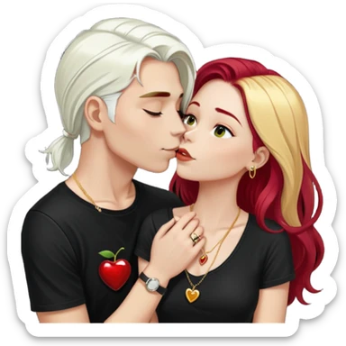 couple kissing, girl with long cherry red hair, blonde eyebrows, gold A necklace, boy with SHORT PURE WHITE HAIR (not blonde, not gray, but WHITE like snow), dark t-shirt, silver ring sticker