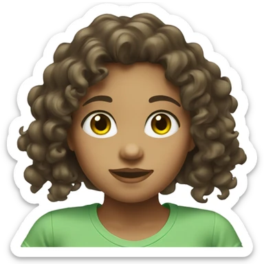 a pretty girl with curly dark brown hair, with green eyes and white t-shirt sticker