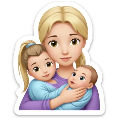 Ponytail girl hugs a newborn baby and a girl sticker