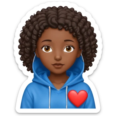 dark skin girl with short dark brown curly hair wearing a blue hoodie with a heart and Jesus symbol sticker