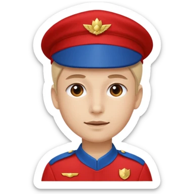 Vendeur comptoir habiller en rouge portant une casquette bleu sticker