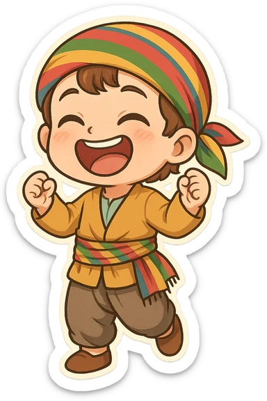 Cartoon sticker of a Kurdish child in traditional Kurdish child clothing, colorful and cheerful, face with loud laughter and big smile, no text, suitable for WhatsApp and Instagram, transparent background. sticker