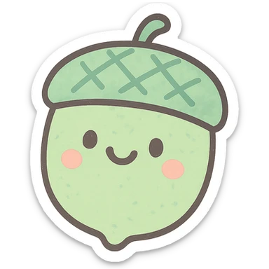soft green acorn with a smiley face, hand-drawn kawaii style, pastel colors sticker