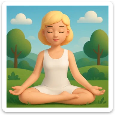 a blonde girl with a short haircut in a white dress sitting in a lotus position and meditating with a background, 3d-emoji style sticker