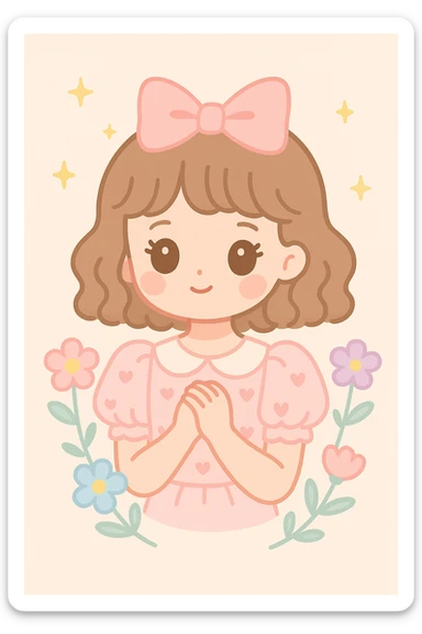 a girl in coquette style surrounded by delicate flowers, wearing a puff-sleeve blouse, subtle heart motifs, soft curls, sweet innocent look sticker
