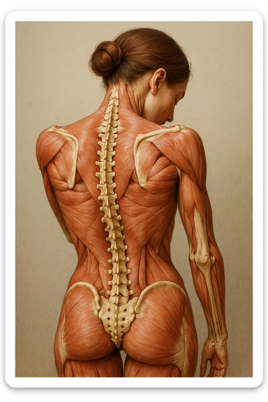 CORPO UMANO ANATOMICO di una donna con spalle chiuse e postura incurvata, spina dorsale in evidenza, IPERREALISTICO 4K sticker
