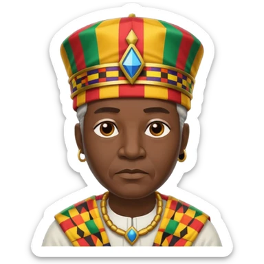 Create an emoji of an Old serious African king wearing kente cloth, white shirt and kufi hat sticker