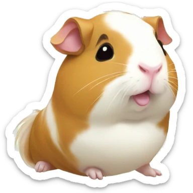 Guineapig playing on a pile of veggies and fruit with a piece of cucumber in his mouth sticker