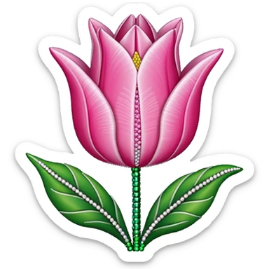 french beaded pink tulip flower with 2 leaves, handmade with glass beads, no background sticker