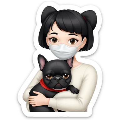 girl with short black straight bangs hair wearing a white mask and hugging a black French bulldog sticker