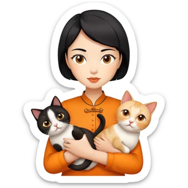 Chinese woman with short black hair holding two cats, one orange and one Siamese sticker