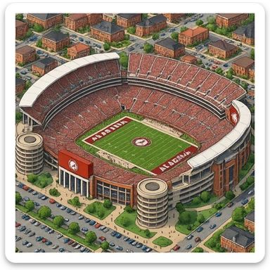 Изометричная, яркая, детализированная и фотореалистичная иллюстрация стадиона Bryant–Denny Stadium в стиле 3D-коллажей городов, насыщенные цвета, аккуратные и чёткие линии, мультяшно-реалистичная стилистика. Чёткие контуры, прозрачный фон, высокое качество. sticker