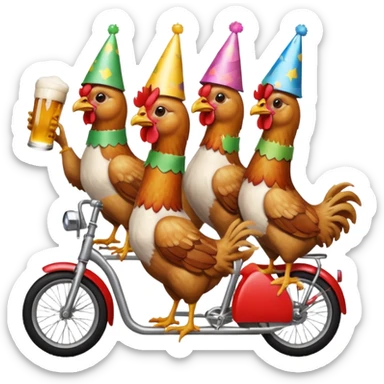 Ten chickens riding  a partybike while drinking beer sticker