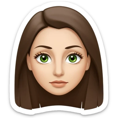 43. year old Adult woman avatar, light skin tone, long, oval face, long straight ashy brown hair, green almond-shaped eyes with dramatic eyelashes and minimal eyeliner, neutral mouth, medium straight eyebrows, small nose, smooth skin sticker